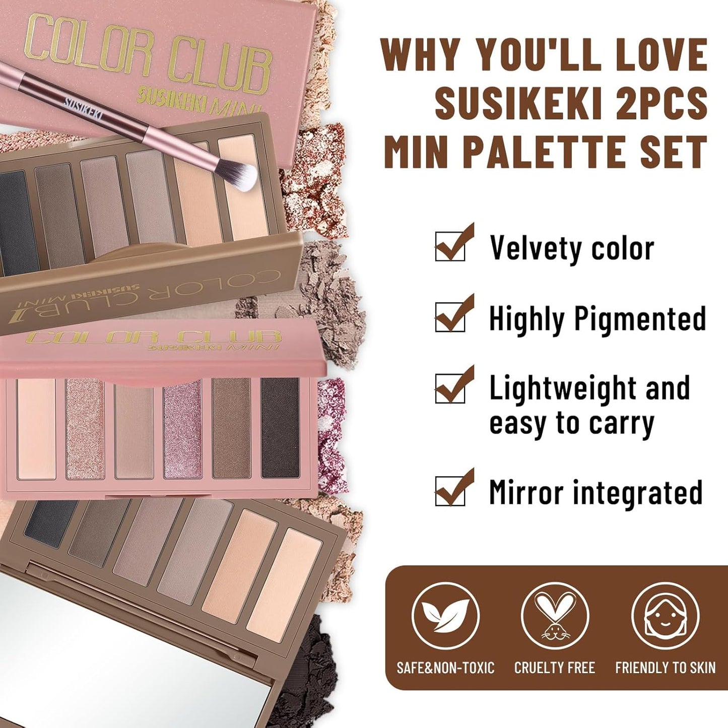 2PCS 6 Colors Mini Eyeshadow Palette Makeup with Brush Set Neutral Nude Eye Shadow Pink & Brown Matte Shimmer Make Up Pallet with Mirror Highly Pigmented Travel Size Gift Kit