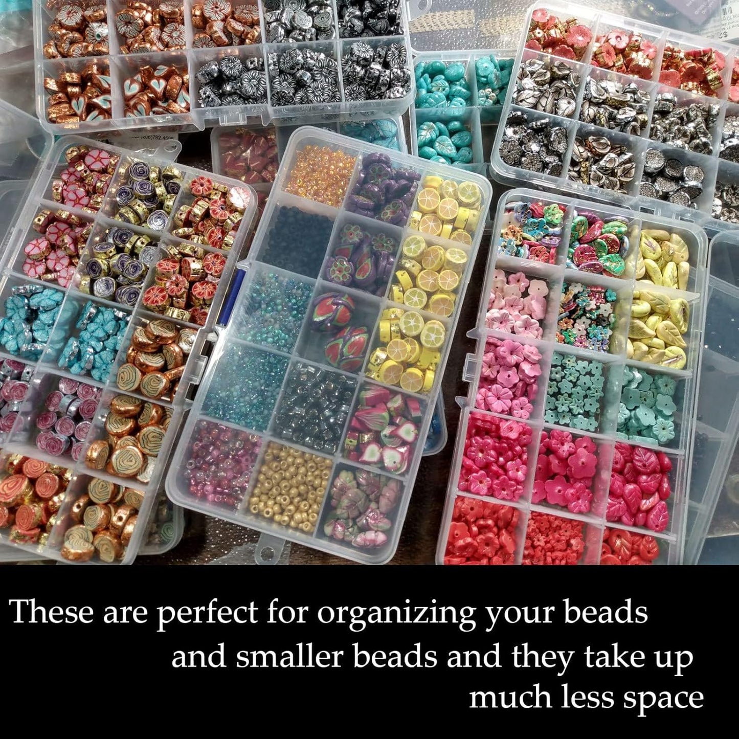 KINJOEK 20 Pack 15 Grids Plastic Bead Organizer Containers Storage, Adjustable Dividers Earring Diamond Jewelry Bead Painting Storage Case, Clear Small Fishing Tackle Box for Cross Stitch Accessories