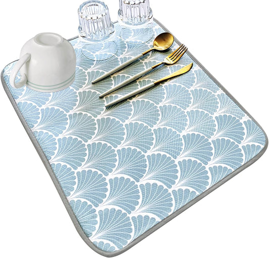 SHIYUE Dish Drying Mat for Kitchen Counter Super Absorbent Spring Kitchen Decor Microfiber Drying Matainers Rack Fast Pad Dish Drainer Mats(Aqua Blue Shell Geometric,16''x18'')