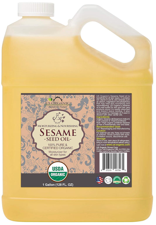 US Organic Sesame Seed Oil, USDA Certified Organic, Untoasted, Unrefined Virgin, 100% Pure & Natural, Cold Pressed, Size for DIY and small manufacturers (128 oz (1 Gallon))