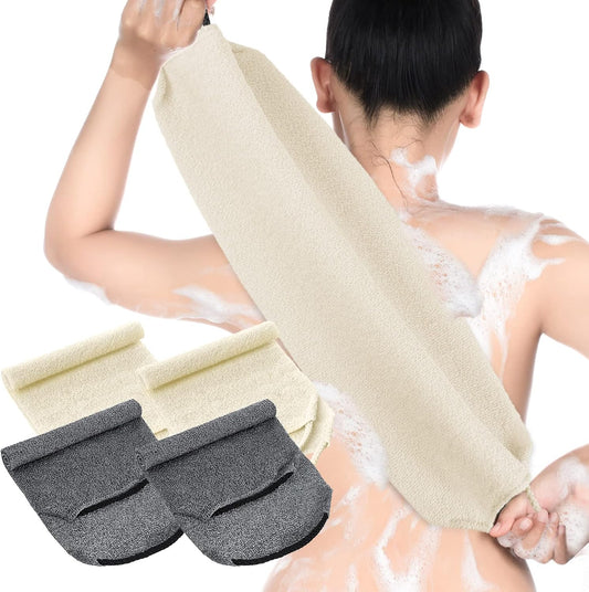 Moukeren Exfoliating Back Scrubber with Handles 4 Pack Nylon Back Exfoliator Extended Length Washers Scrubbers Stretchable Pull Strap Exfoliating Washcloth(Grey, Cream White)