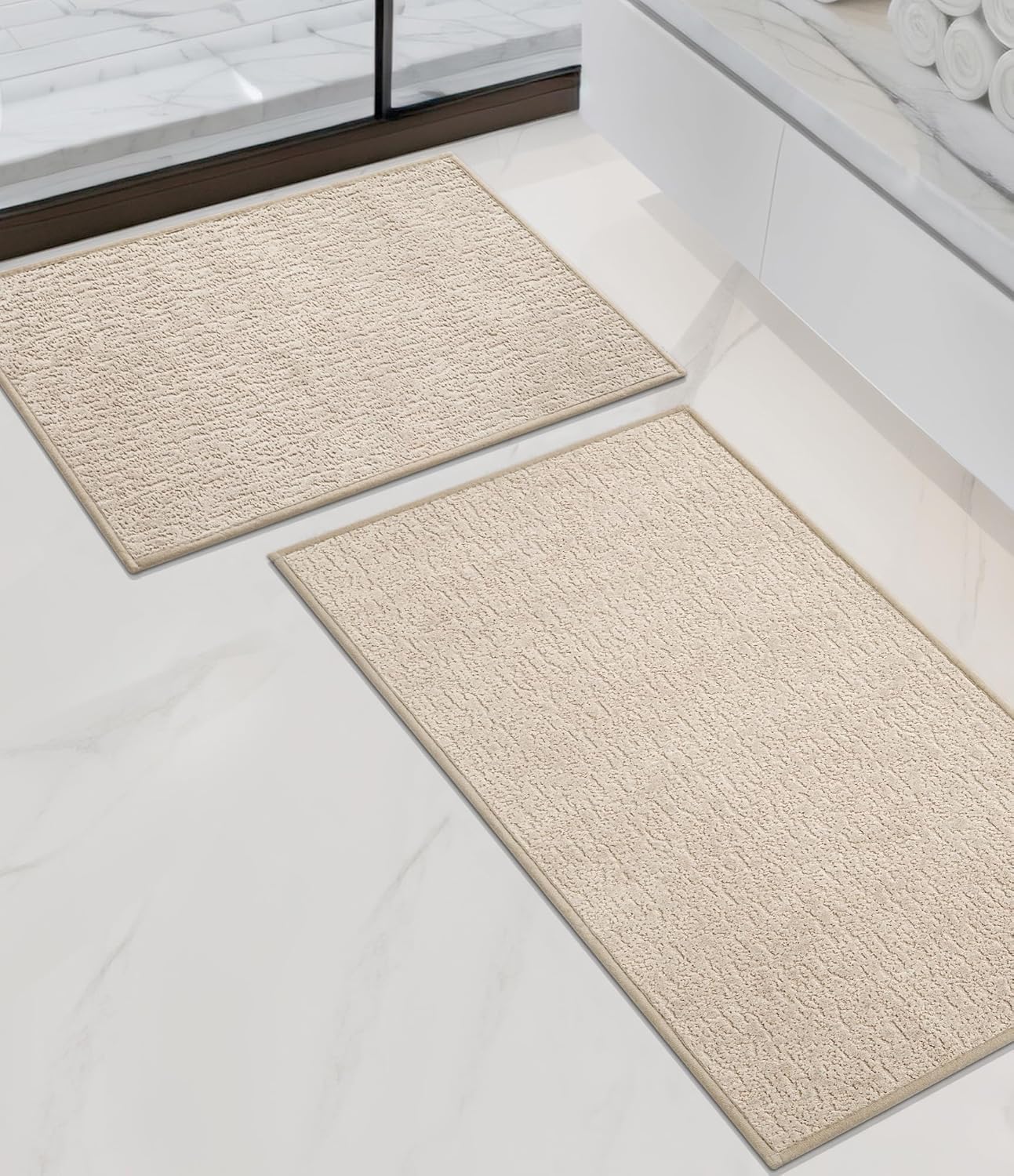 chakme Bathroom Rug Sets 2 Piece, Ultra Thin Bath Rug Set Quick Dry Bath Mat, Absorbent Bath Mat for Bathroom Non Slip Machine Washable, (Light Beige)