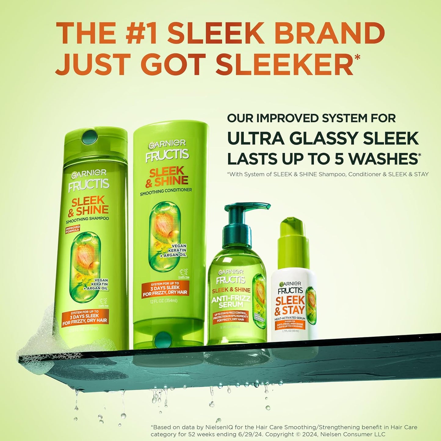 Garnier Fructis Sleek & Shine Shampoo (22 Fl Oz) + Conditioner (21 Fl Oz) Set for Frizzy, Dry Hair, Plant Keratin + Argan Oil (2 Items), 1 Kit (Packaging May Vary)