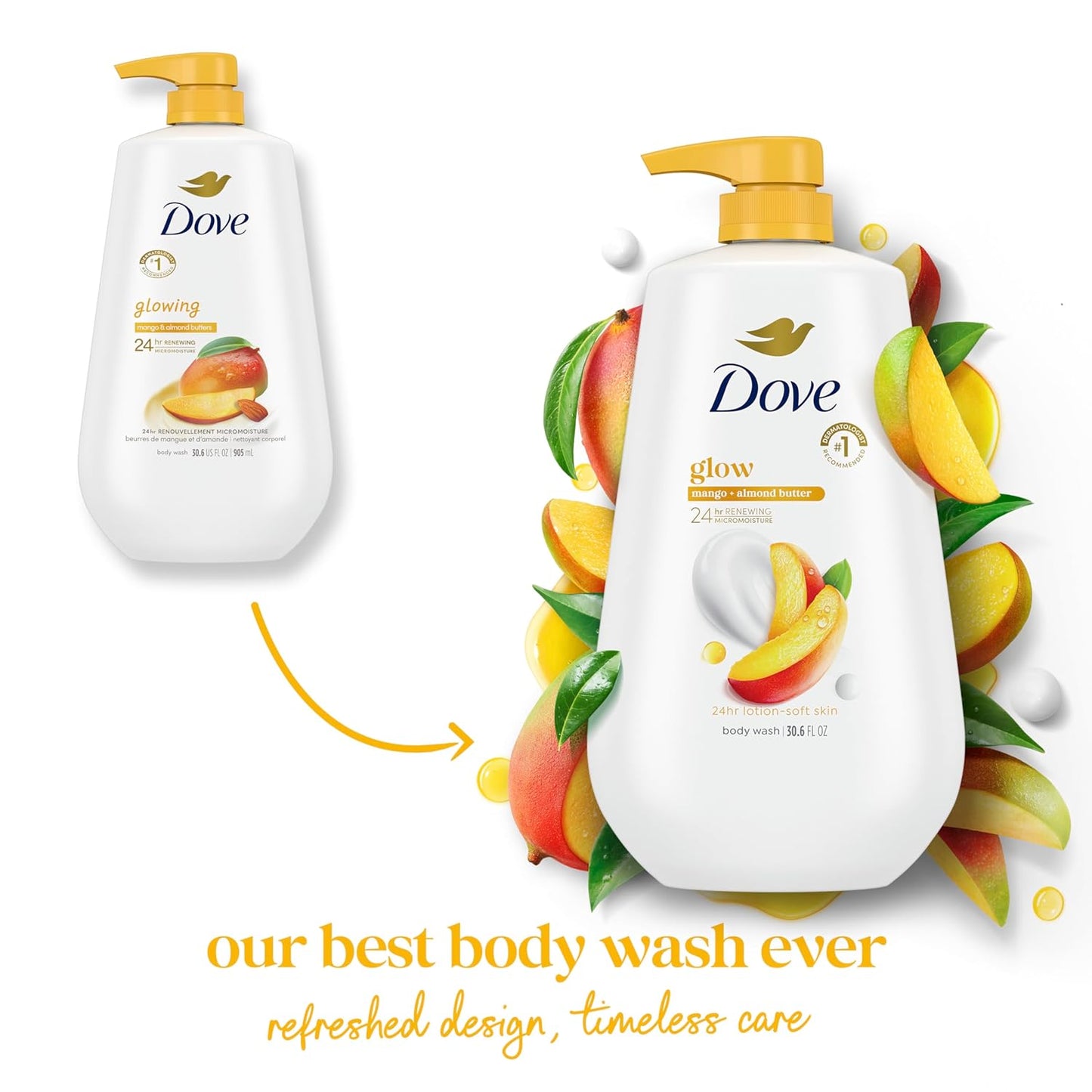 Dove Body Wash with Pump Glow Mango & Almond Butter For 24hr Lotion-Soft Skin Moisturizing Skin Cleanser with No Sulfates No Parabens 30.6 oz