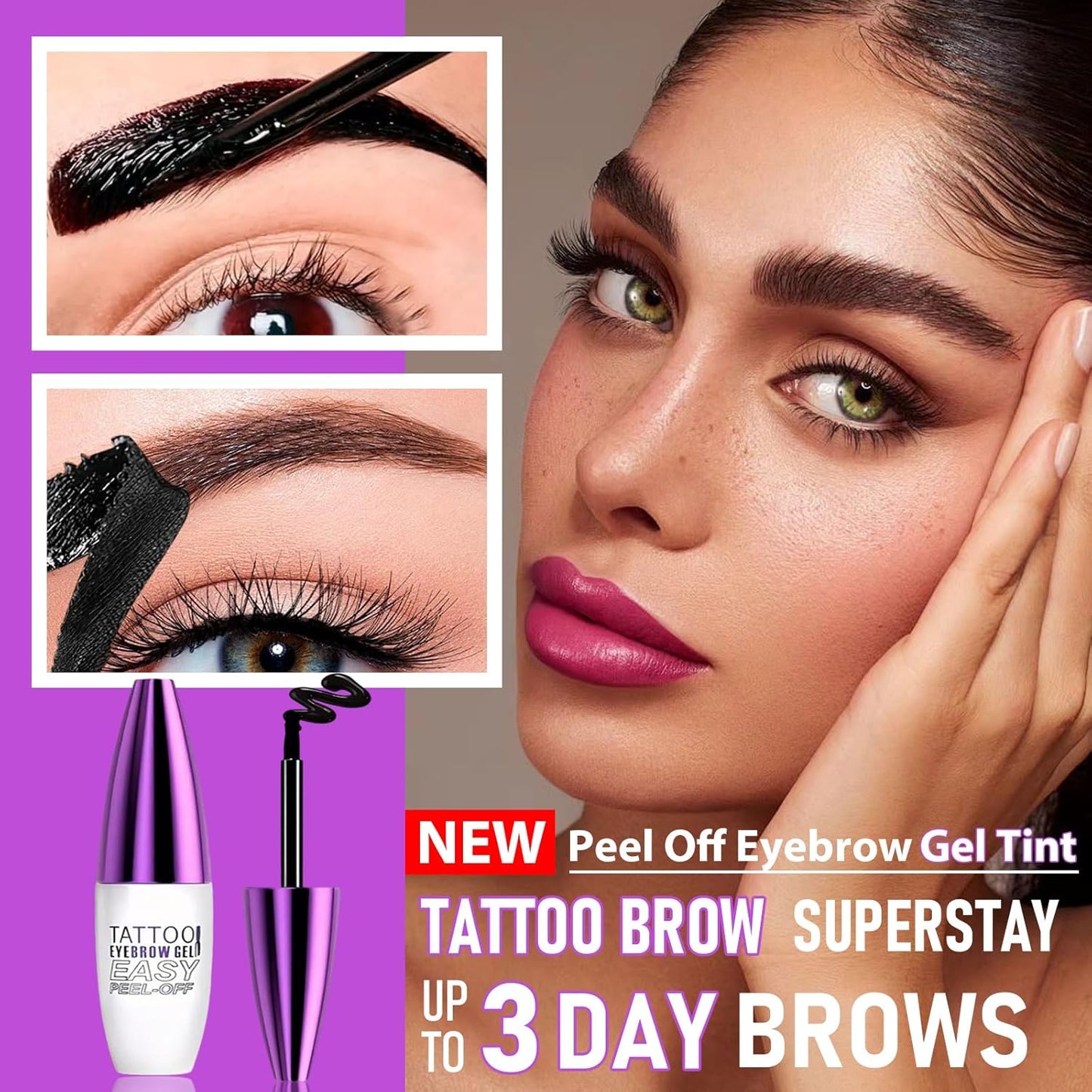Tattoo Eyebrow Gel Easy Peel Off - Dark Brown, Waterproof & Long Lasting Up to 3 Days, Semi-Permanent Peel Off Brow Dye Gel for Sparse Brows, Transfer-proof, Natural Color for Fuller Defined Brows