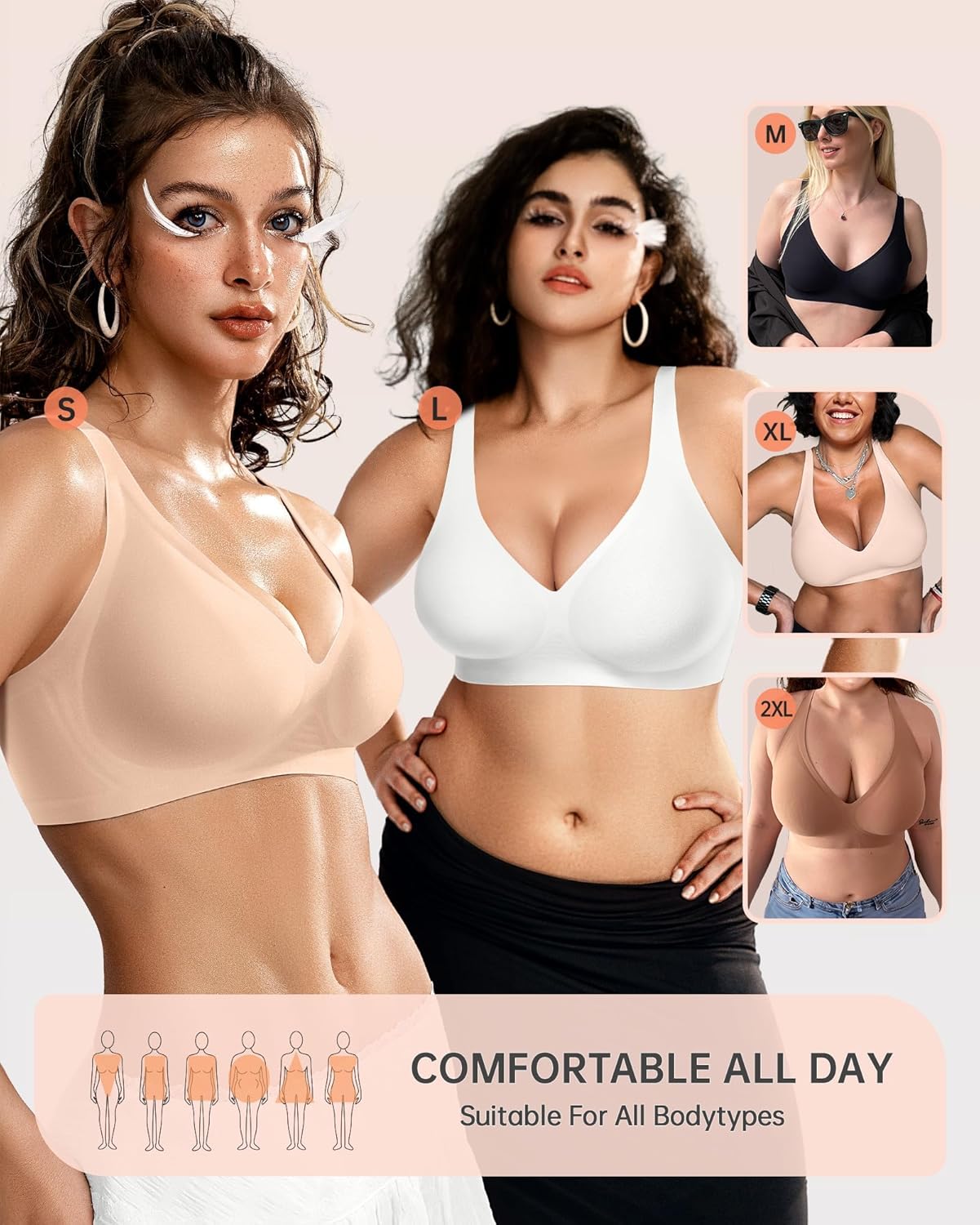 OEAK Womens Deep V Bras Wireless Comfortable Bra Supportive No Underwire Bras Tshirt Push Up Bralettes Plunge Seamless Bra