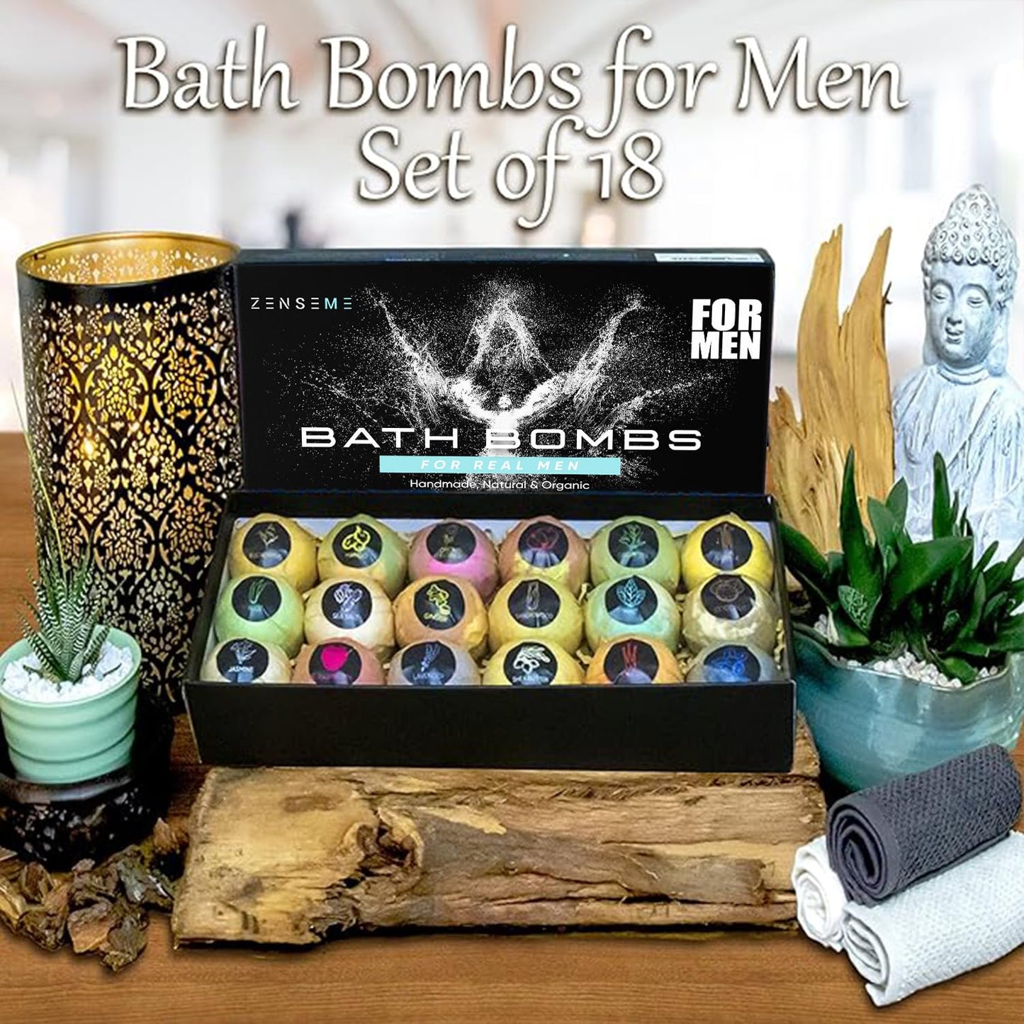 Bath Bombs for Men, Gift Set of 18 Scented Organic Handmade Bath Bombs of 2.5 oz with Natural Essential Oils. Perfect for Boyfriend, Husband, Father or Friend, by ZenseMe
