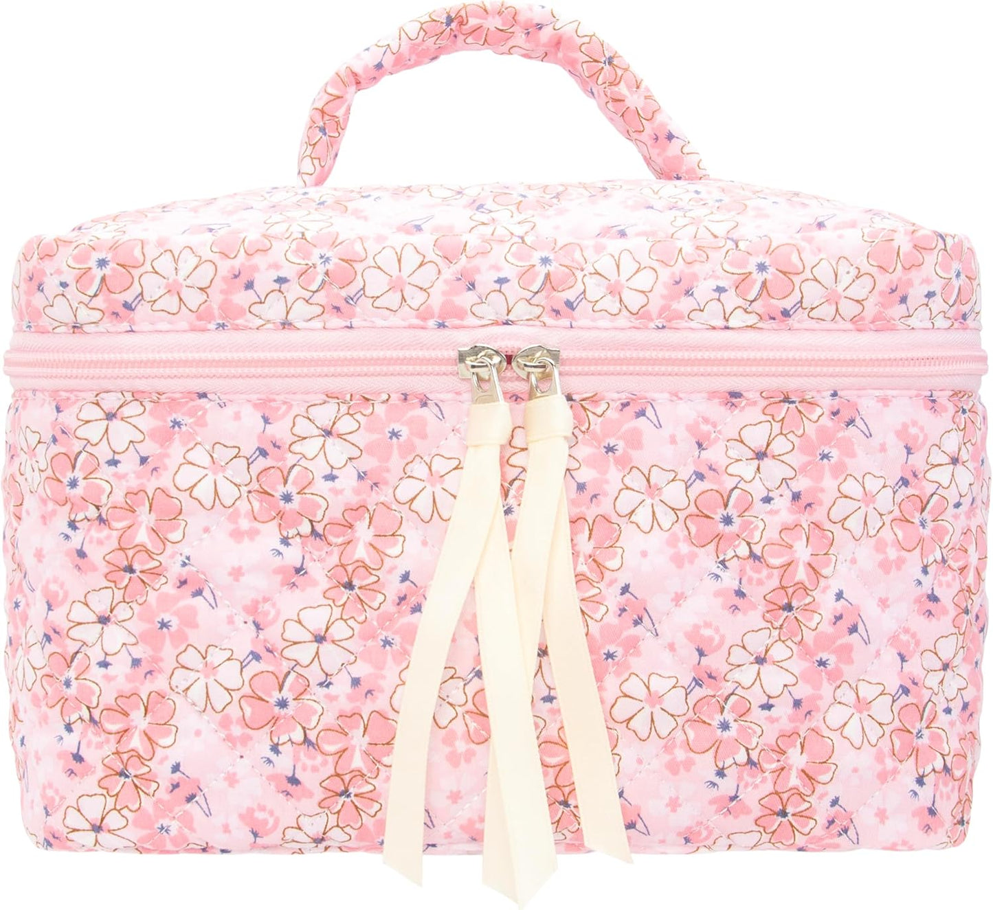 PAZIMIIK Quilted Makeup Bag Large Travel Zipper Soft Cosmetic Case for Women Girls Make Up,Pink Flower