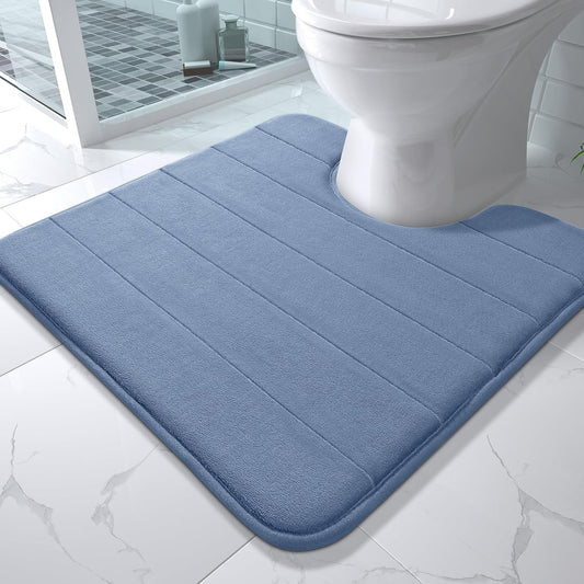 Yimobra Memory Foam Toilet Bath Mat U-Shaped, Soft and Comfortable, Super Water Absorption, Non-Slip, Thick, Machine Wash and Easier to Dry for Bathroom Commode Contour Rug, 24 X 24 Inches, Denim Blue