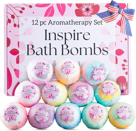 EvolutionUSA Inspire Bath Bombs for Women, 12 Gorgerous Flower Bath Bombs Topped with Dried Flowers, Luxurious Mother's Day Gift Set, Brithday Gift, Easter Gift or for Creating Lush Self Care Moment