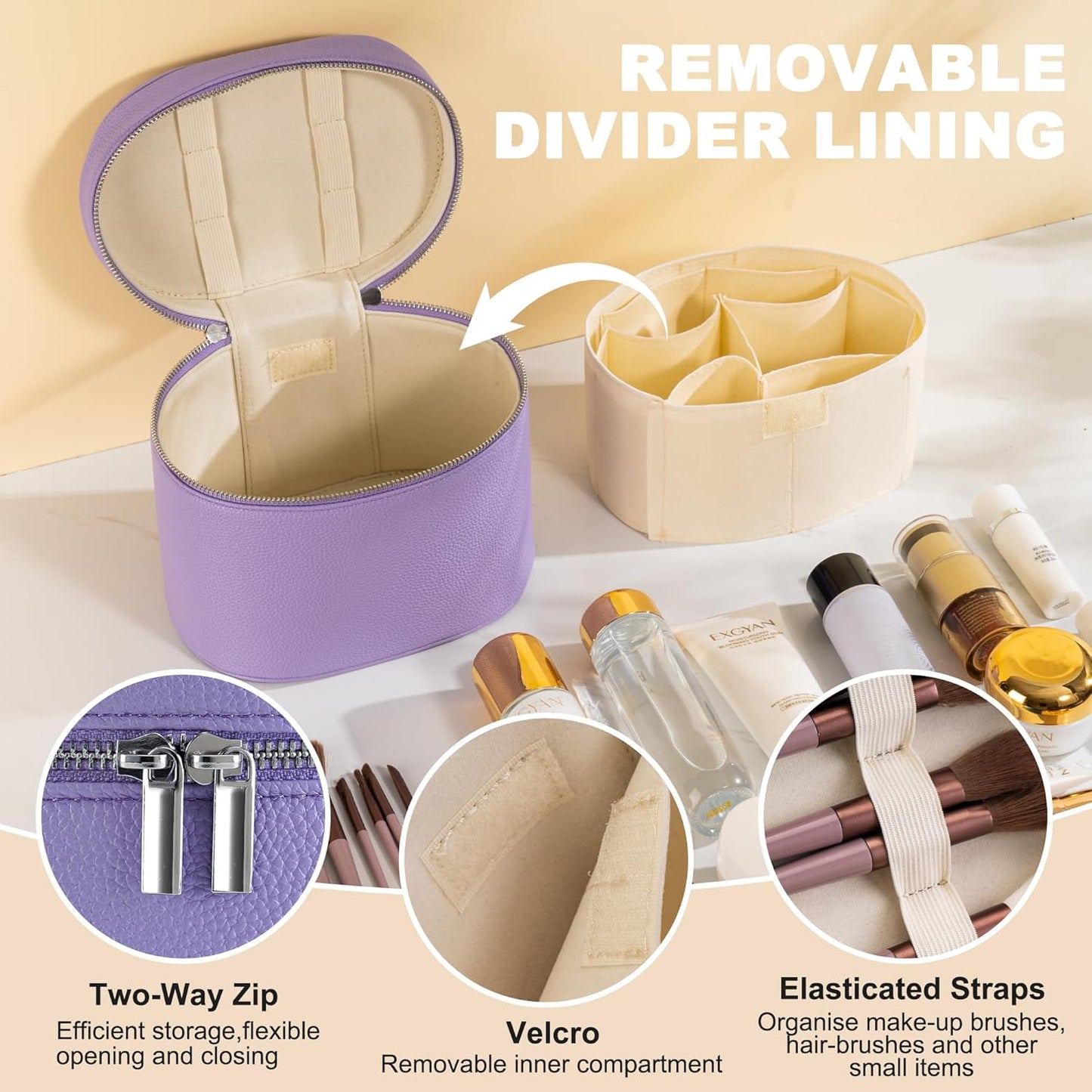 Makeup Bag Vanity Case Cosmetic Bag with Removable Divider Travel Toiletry Bag for Women Portable Make up Box Organizer, Purple