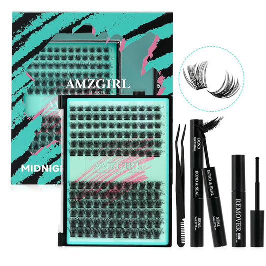 AMZGIRL LASH Midnight DIY Lash Extension Kit, 144 pcs Eyelash Clusters Kit Lash Bond and Seal, Lash Glue Remover and Applicator for Individual False Eyelashes Kit Lash Extensions(D-Mix 8-16mm Kit)