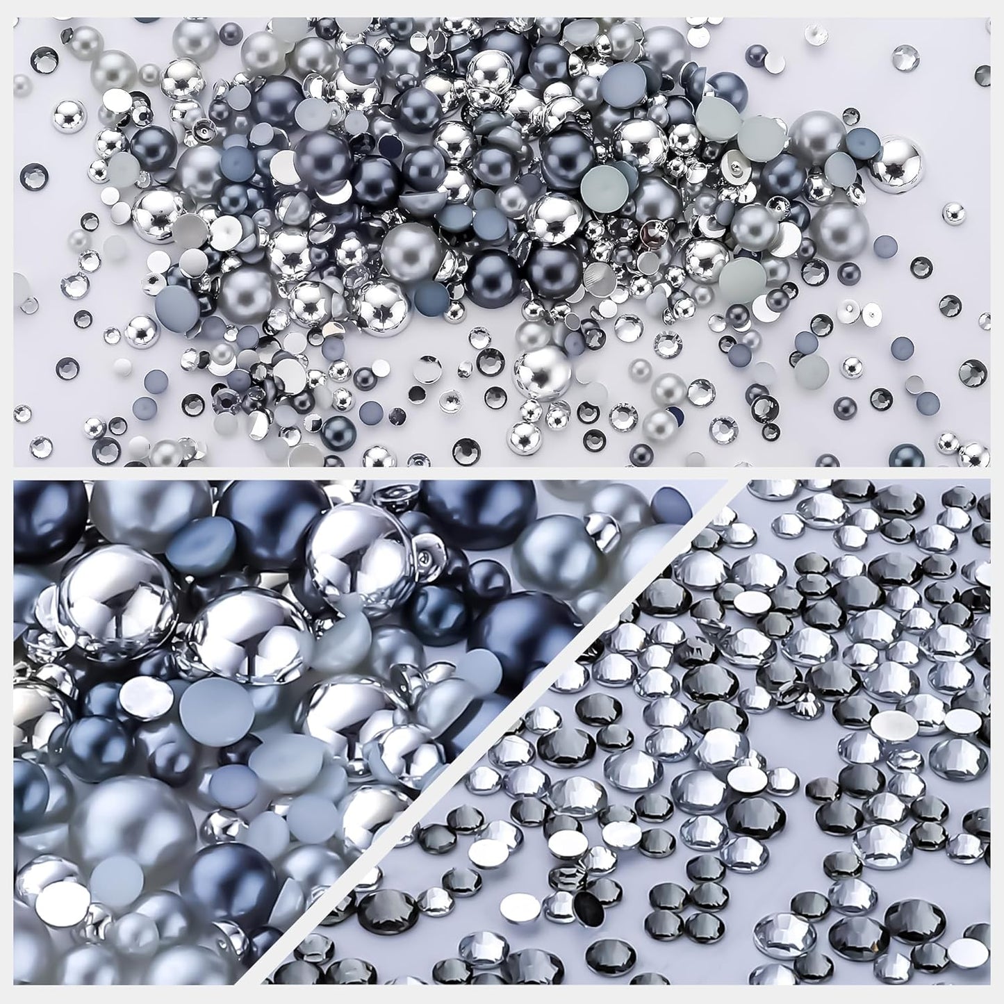 60g Grey Silver Pearls Rhinestones for Crafts Mixed Size 3mm-10mm AB Color Round Half Pearls Flatback Pearl Beads and Resin Rhinestones Set for Face Art with Gel