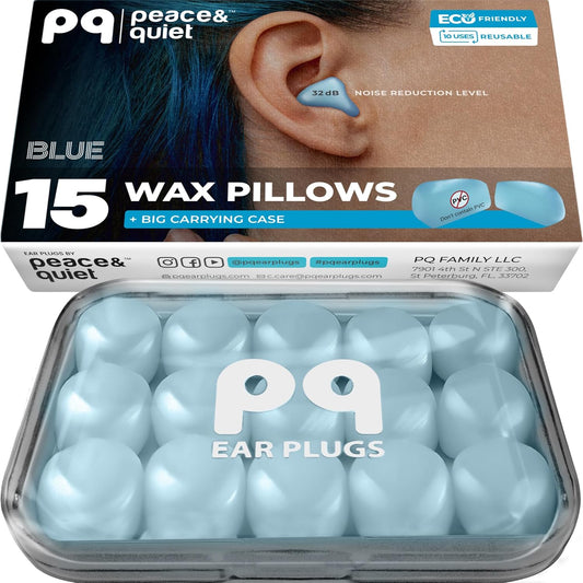 Peace&Quiet | PQ Wax Ear Plugs for Sleeping, Swimming - Soft Noise Cancelling Silicone Gel Wax Earplugs for Sleep and Swimmers, Sound Blocking Level of 32 Db, Color: Blue