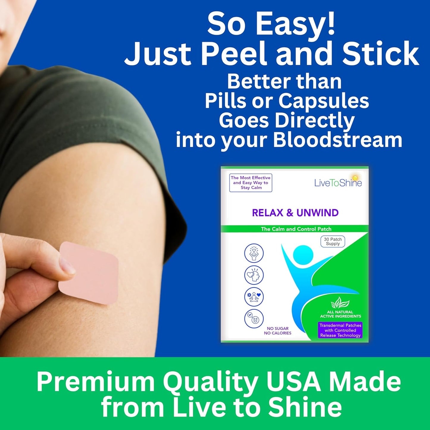 Live To Shine Relax & Unwind Patches | 30 Premium USA-Made Stress Relief Patches |Infused with Valerian, Humulus Lupulus & Calming Passionflower | Natural Way to Unwind, Decompress and ReGroup