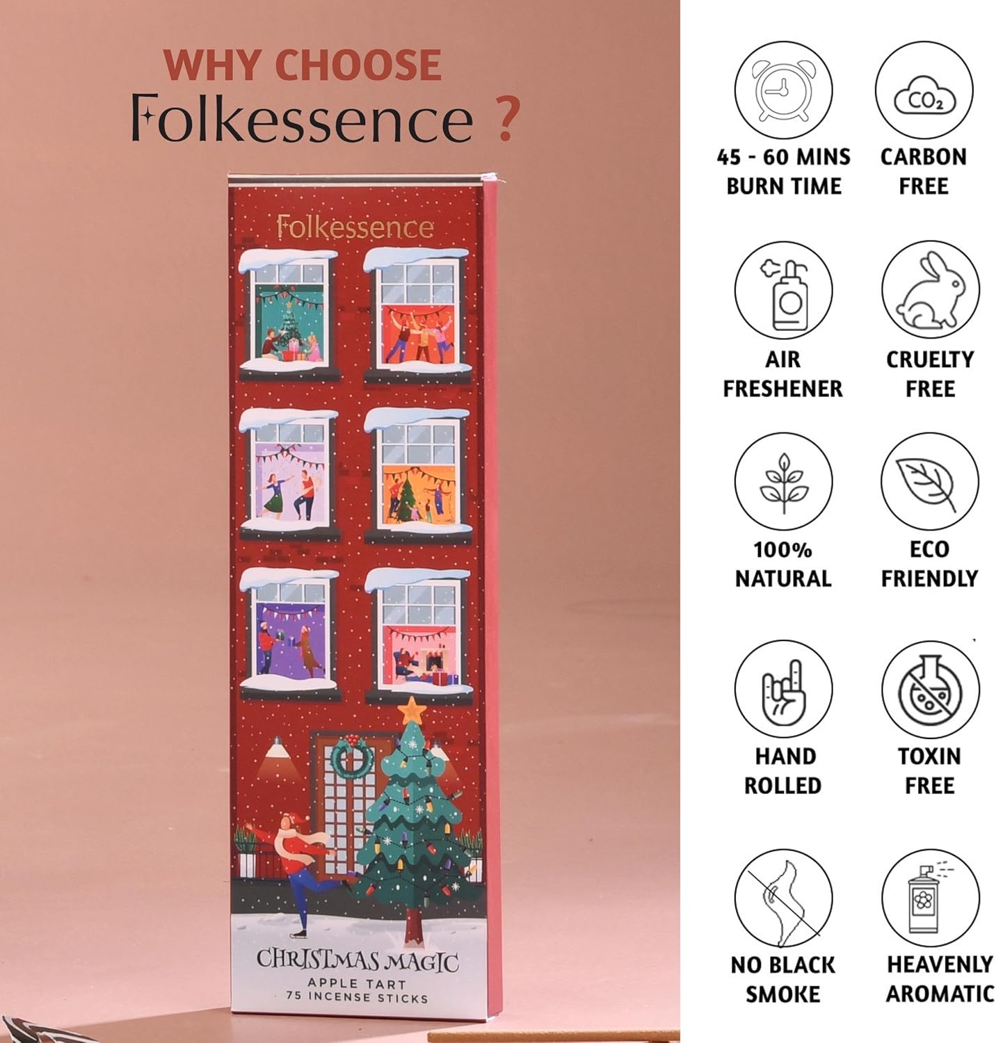 Folkulture Christmas Incense Sticks for Home | Pack of 75 Insenses for Cleansing | Natural and Non Toxic Insence Sticks for Gifts for her | Organic Apple Tart Inscents (Christmas Magic)