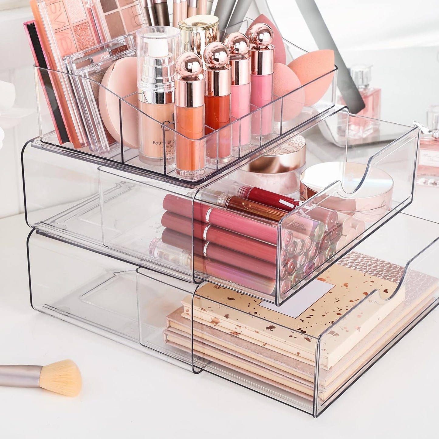 Vtopmart 5 Tier Clear Makeup Organizer with Drawer, Cosmetic Storage for Dresser Countertop and Bathroom Vanity, Beauty Holder for Lipstick Brush Skincare
