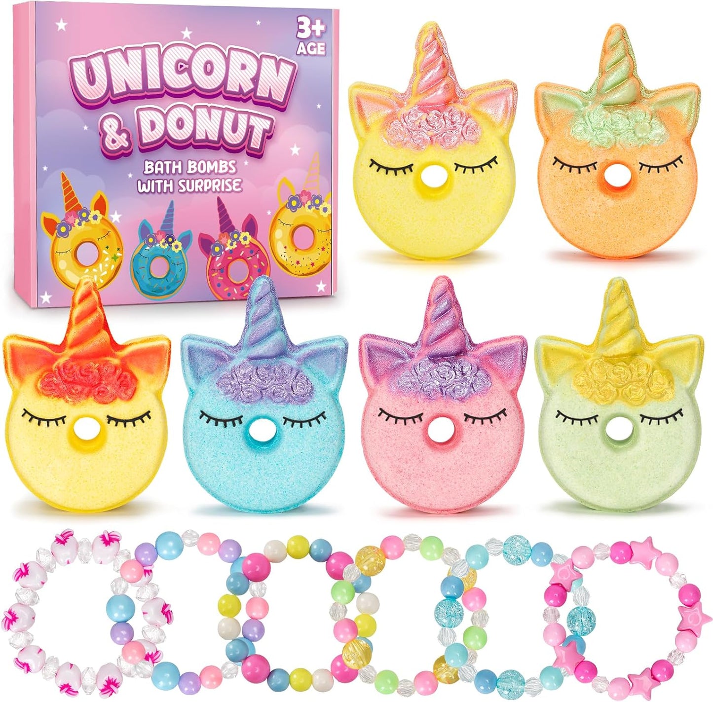 Bath Bombs for Girls,6 Packs Unicorn Donut Bubble Bath Bathbombs with Surprise Toys Inside, Bath Toys for Kids Age 4-8, Birthday Christmas Basket Stuffer Gifts for Girls 3 4 5 6 7 8