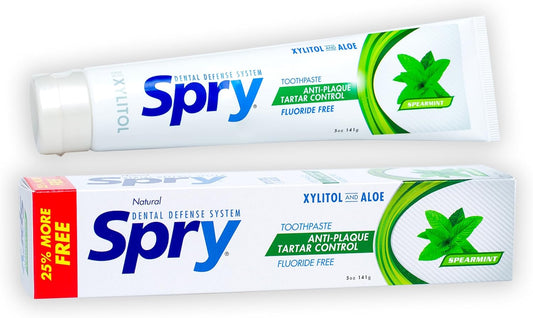 Spry Natural Xylitol Toothpaste 5oz for Adults and Kids - Fluoride Free, Gentle for Sensitive Teeth Whitening and Remineralizing, Breath Freshening, Mouth Moisturizing, Spearmint (Pack of 1)