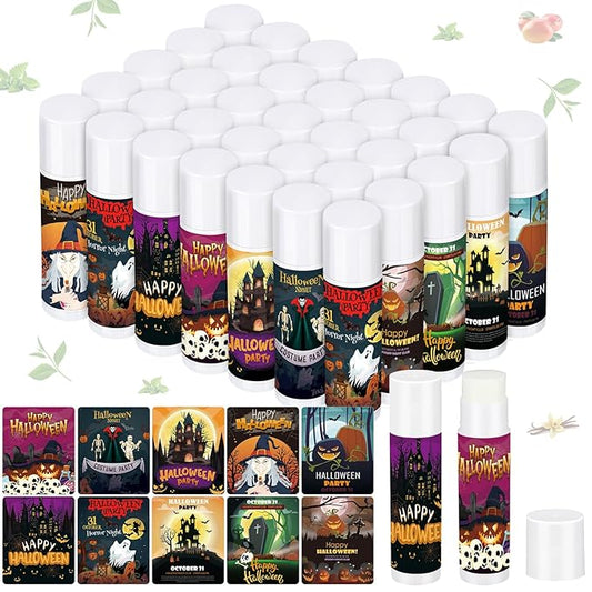 Dunzy 50 Pcs Halloween Lip Balm Bulk Spooky Lip Balm Gifts Bulk Vintage Halloween Wedding Favors Halloween Stuffers for Adults Halloween Party Supplies for Baby Shower, 10 Style, 5 Fruit Flavors