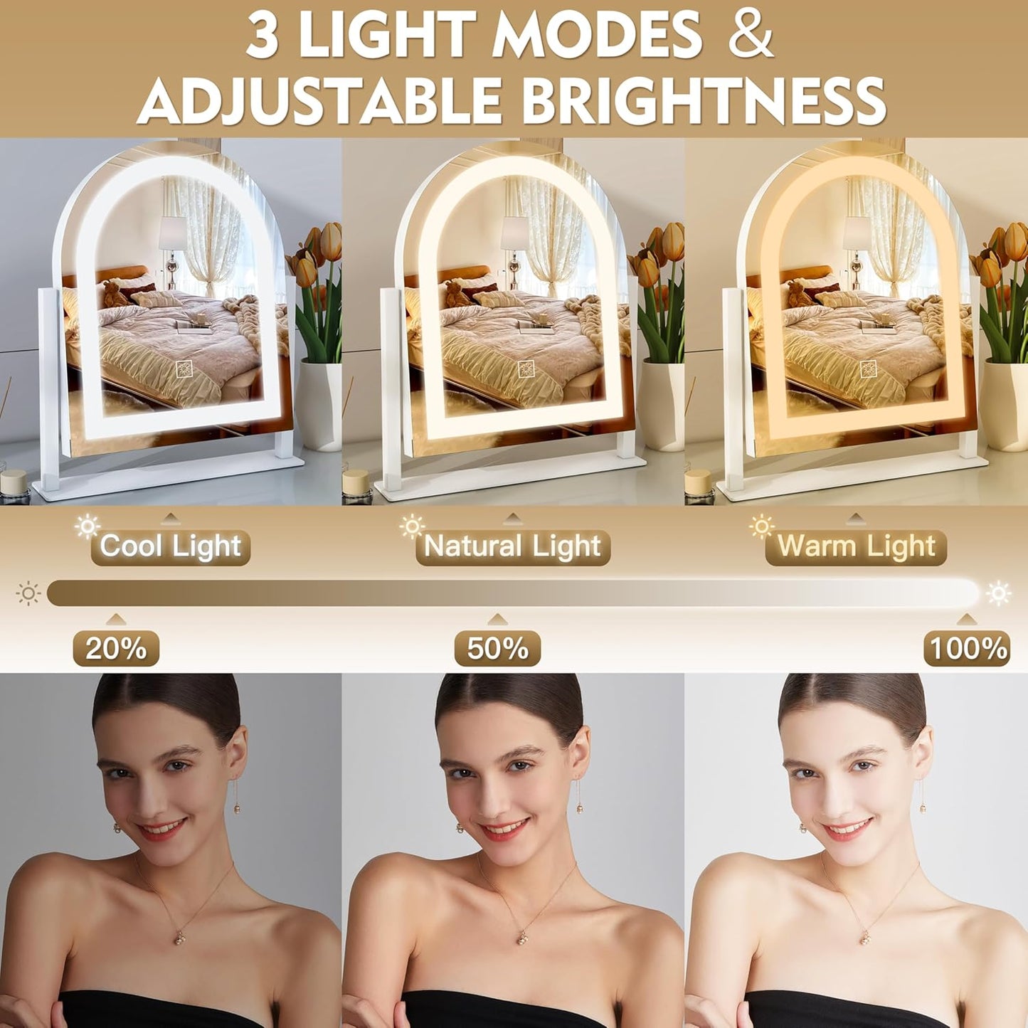 Lighted Makeup Mirror with 3-Color Dimmable Lighting, with Removable 10x Magnifier, Smart Touch Control, 360° Rotation, 15" x 13" Hollywood Vanity Mirror for Tabletop or Desk (White)