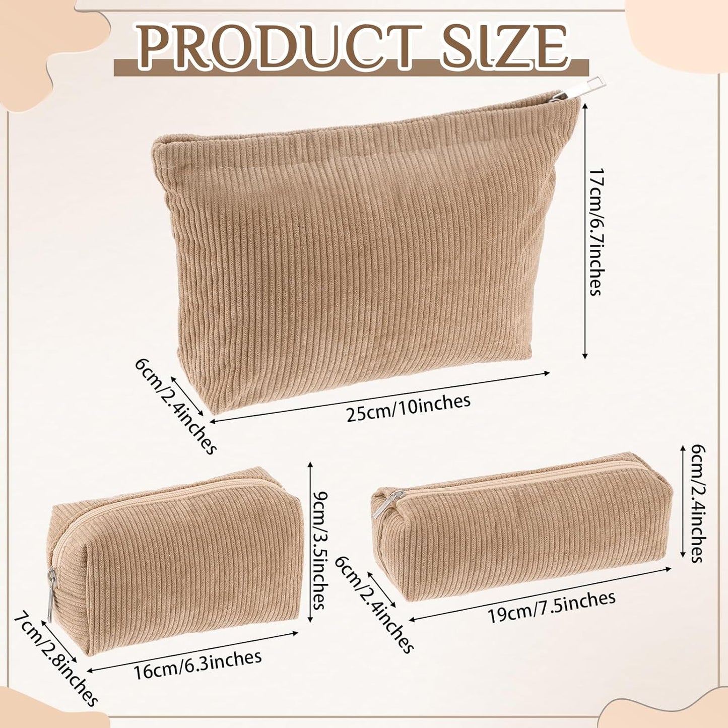 3 Pcs Makeup Bag Set for Women Corduroy Cosmetic Pouch Aesthetic Smile Travel Toiletry Bag Cute Purse Pouch Pencil Case Makeup Brushes Storage Organizer for Christmas(Khaki,Solid Style)