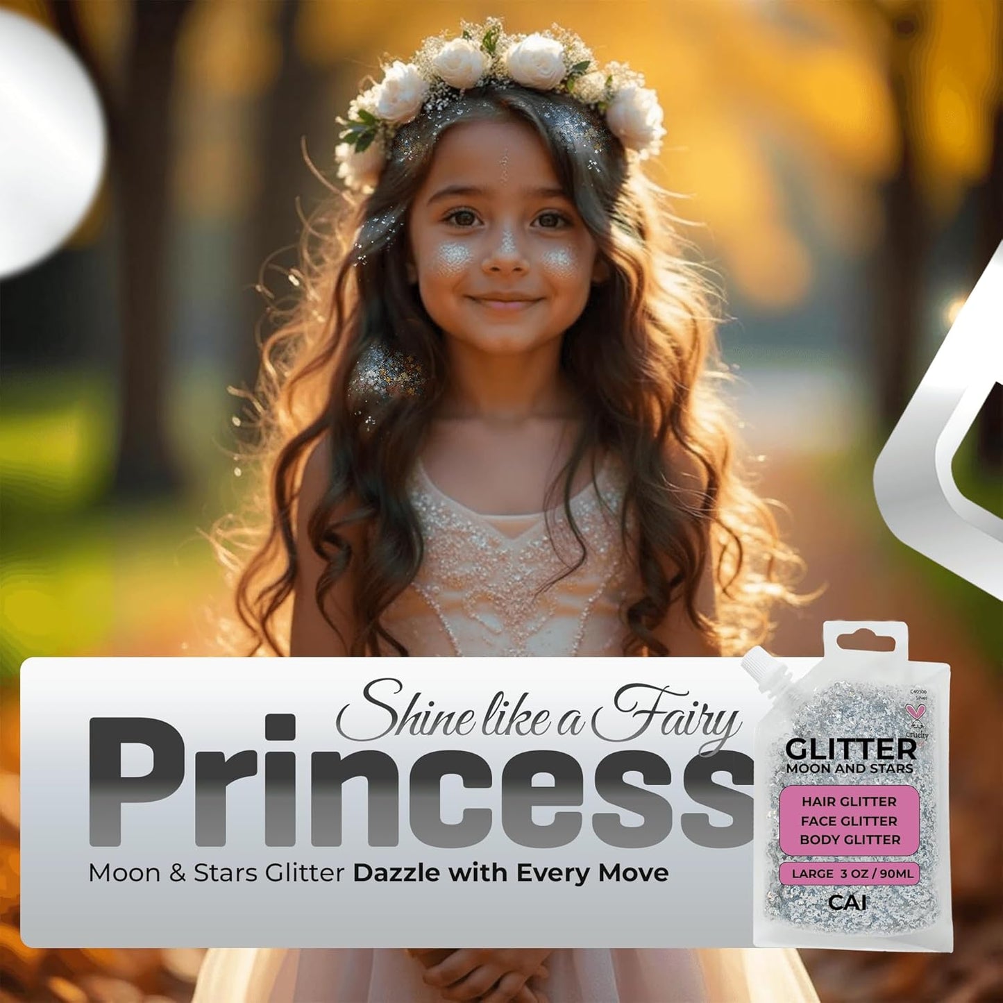 Face, Body & Hair Glitter Gel – Halloween Glitter for Kids and Women – 3 Oz Cosmetic-Grade Gel w/Moon & Stars for Festivals & Halloween Party, Easy Apply & Wash Off - Silver 1Pack