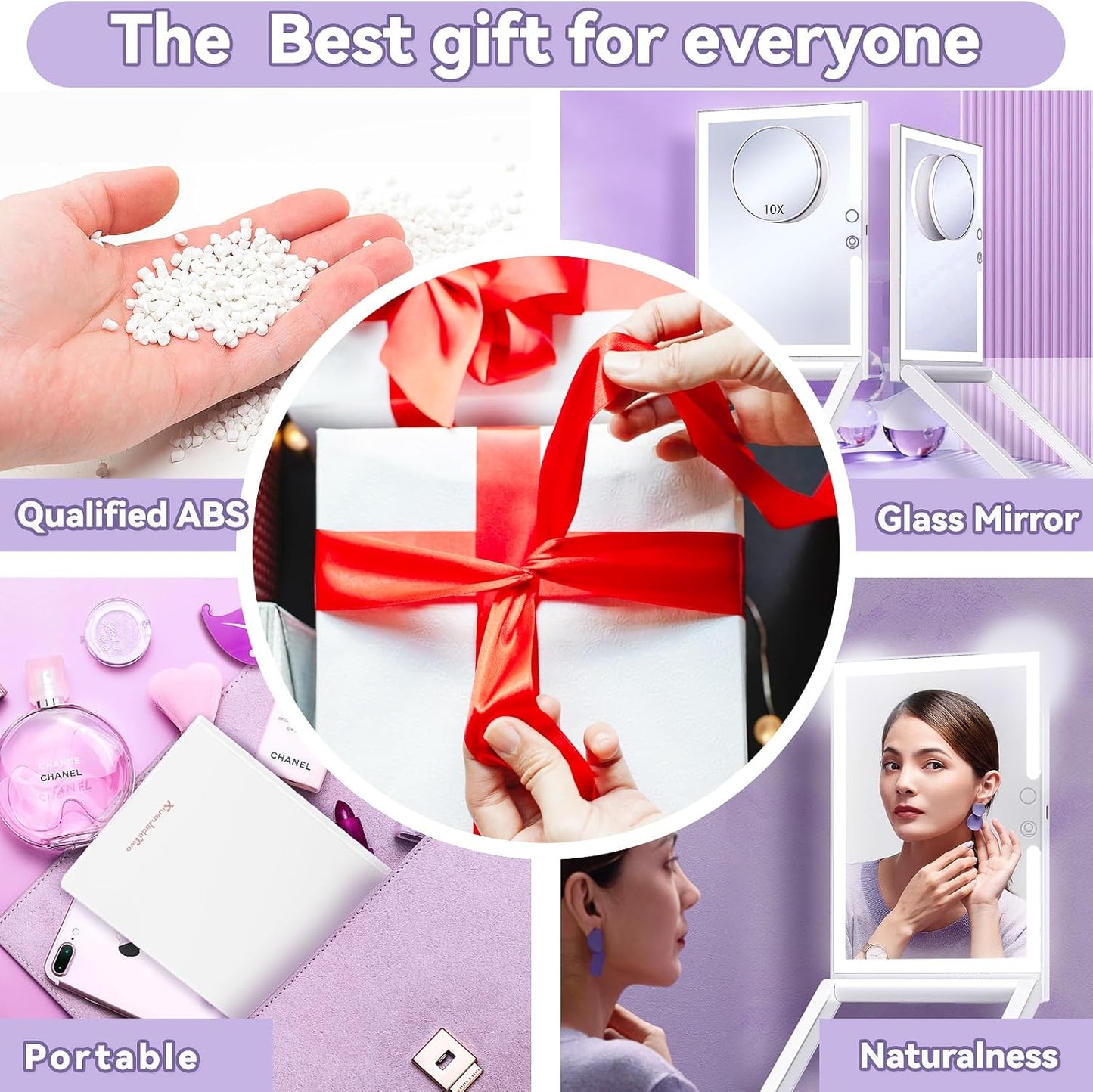 Travel Makeup Mirror with Lights - 3 Color LED, USB Rechargeable, 10X Magnifying, Adjustable Height, 360 Rotation, Compact Folding Touch Screen Smart Cosmetic Mirror