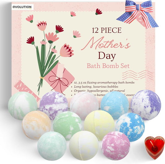 EvolutionUSA Mother's Day Bath Bombs for Women, 12 Beautiful Bath Bombs for Mom, Thoughtful Mother's Gift of Luxury & Relaxation, Gorgeous Bath Balls Set, Lush Aramotherpy Bathbombs, Gift Set Women