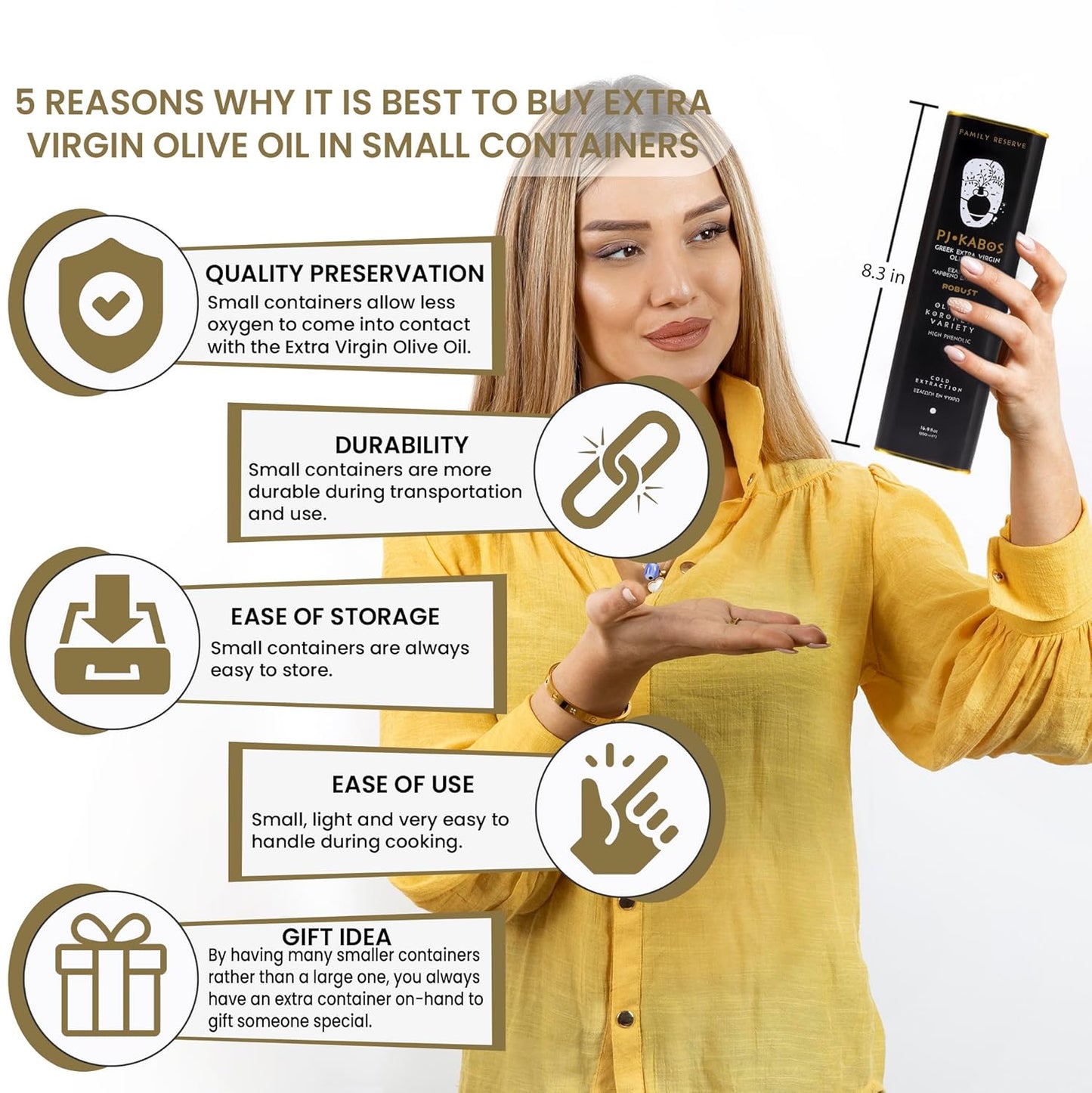 P.J. KABOS 2024/25 Harvest, Very High Phenolic (750+mg/kg), Natural Greek Extra Virgin Olive Oil, Kosher, Greece, Cold Extracted, 16.9 oz Tin, "Family Reserve - Robust"