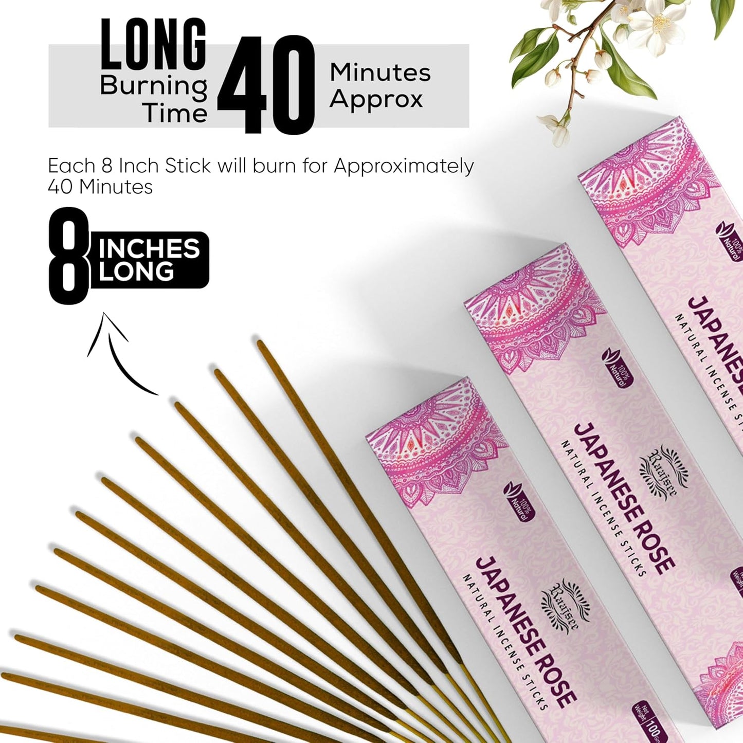 Raajsee Japanese Rose Incense Sticks (180 gm), 100% Pure Organic Natural Hand Rolled Free from Chemicals- Perfect for Aromatherapy, Cleansing, Meditation, and Church (Pack of 12)