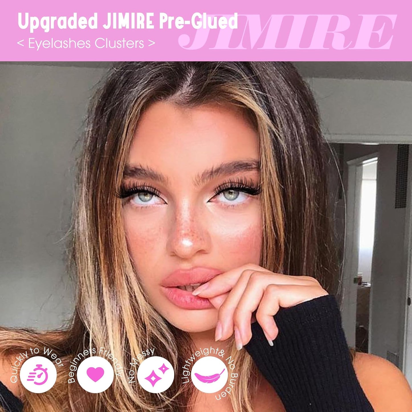 JIMIRE Self Adhesive Eyelashes Natural Wispy 8-16MM Pre Glued Lash Clusters No Glue Needed Press on Lashes Reusable Self Adhesive Lashes Classic Eyelash Clusters Easy to Apply