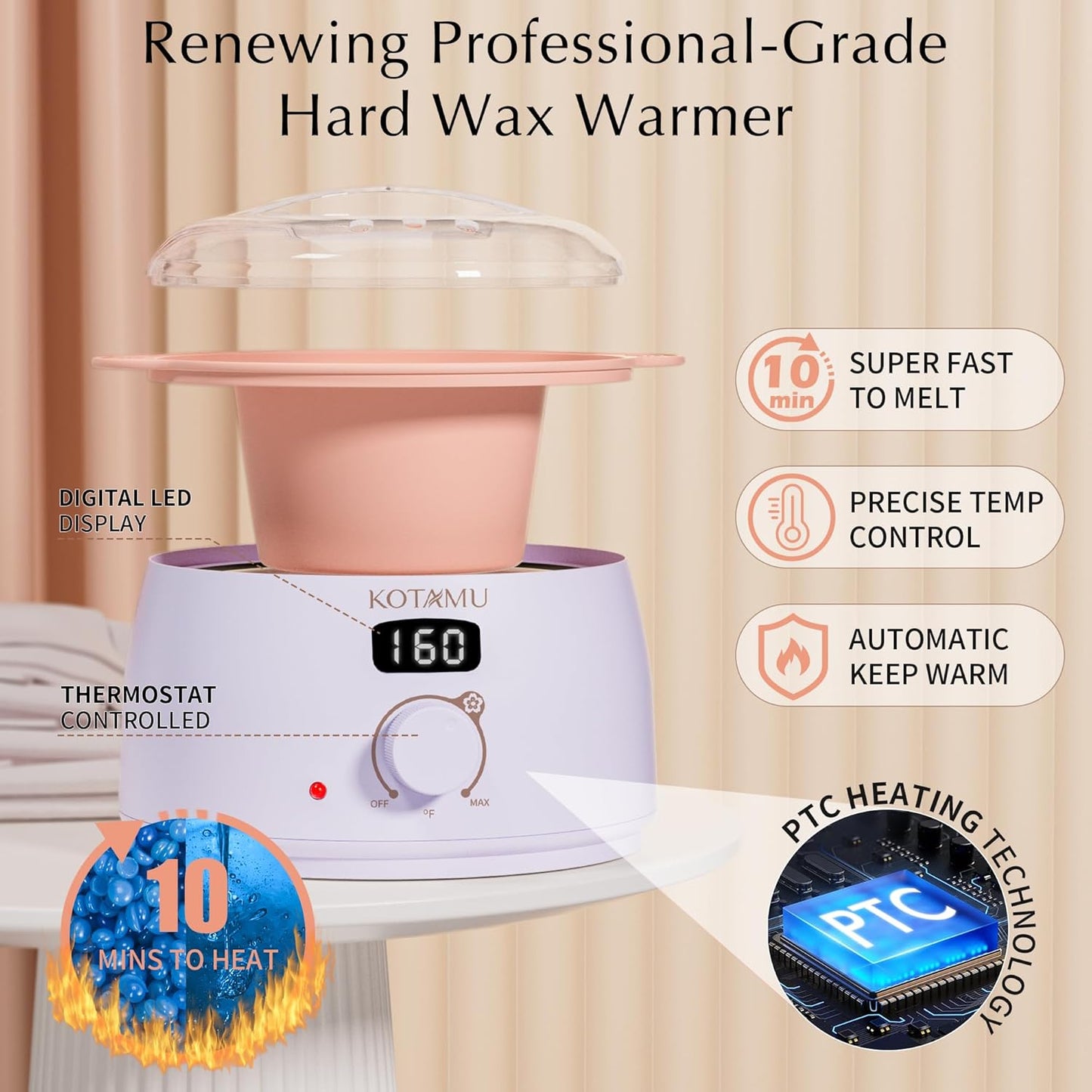 KOTAMU Waxing Kit for Women & Men, Wax Warmer for Hair Removal, Digital Wax Kit with SiliconePot，Ideal for Face Eyebrow Arm Legs Armpit &Sensitive Skin, Purple Waxing Machine With 44 Accessories