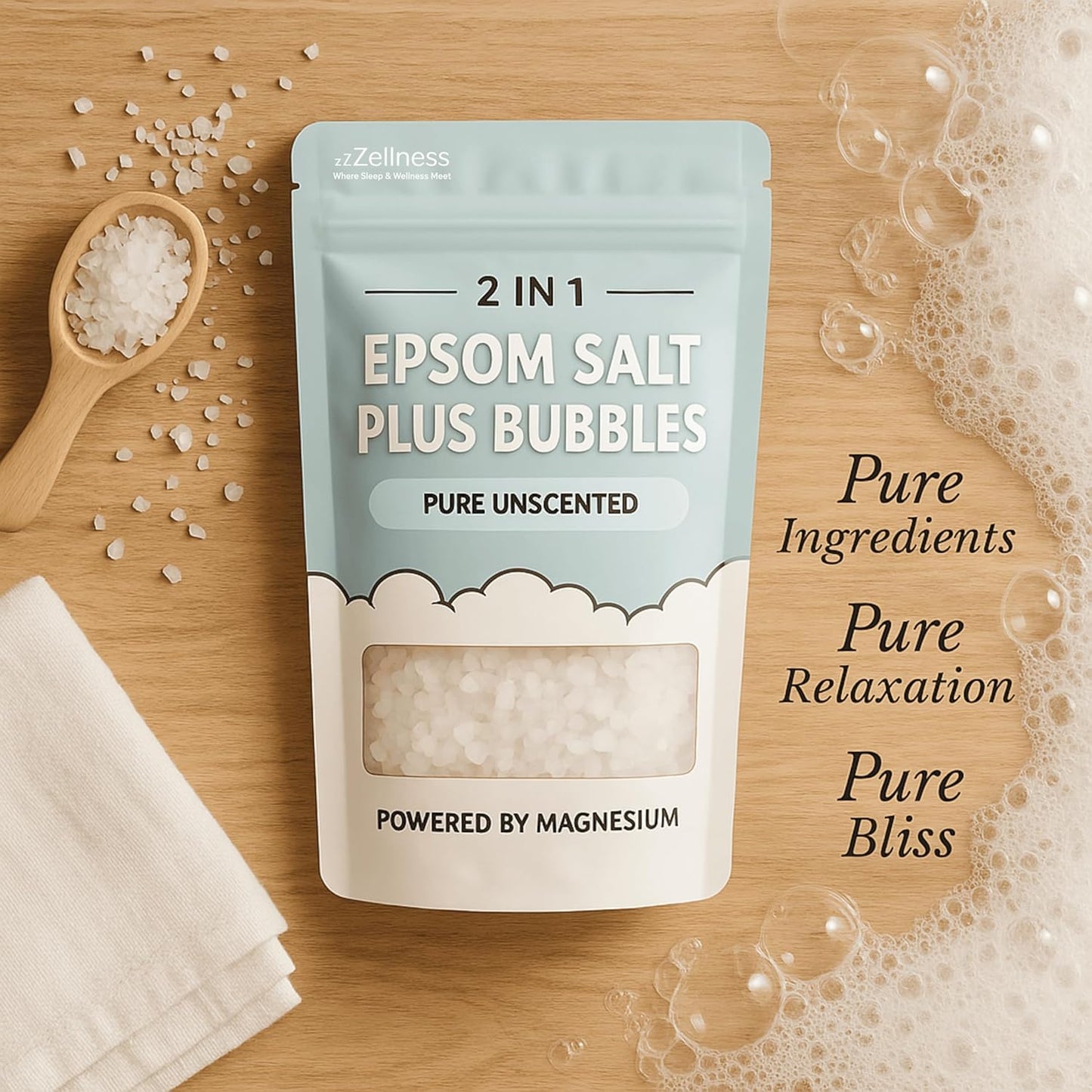 Epsom Salt Plus Bubbles – Pure Unscented Foaming Bath Soak – Magnesium Sulfate for Muscle Recovery, Stress Relief & Relaxation – Great for Aromatherapy – 12 oz