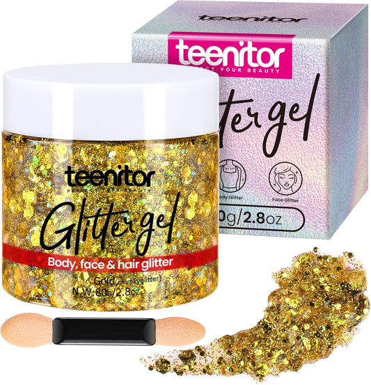 Teenitor Body Glitter, Gold Face Glitter Gel Hair Glitter for Kids, 80g/2.8oz Gold Glitter for Face, Makeup, Hair, Eye, Face Glitter for Women