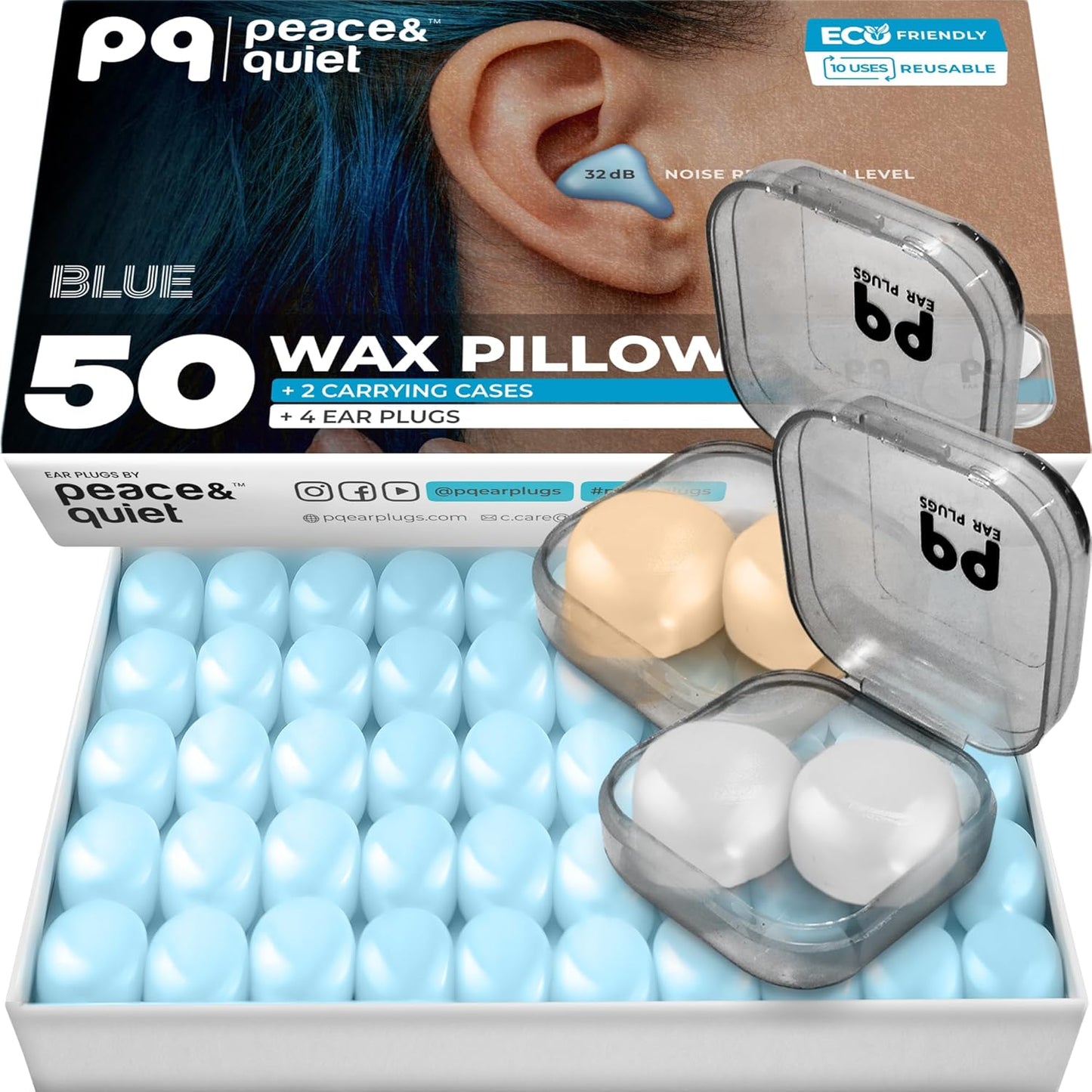 Peace&Quiet PQ Wax Ear Plugs for Sleeping, Swimming - 54 Noise Cancelling Silicone Gel Wax Earplugs, Ear Protection for Sleep and Swim, Soft Wax Pillows with Sound Blocking Level 32Db, (54 Pillows)