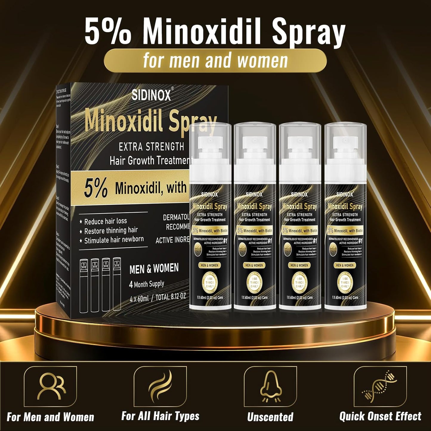 5% Minoxidil Spray for Men & Women (4 Month Supply)-Extra Strength Hair Growth Spray with Biotin & Castor Oil,Clinically Proven for Thinning Hair & Beard Regrowth, Non-Greasy Formula 4 pack（8.12 oz)