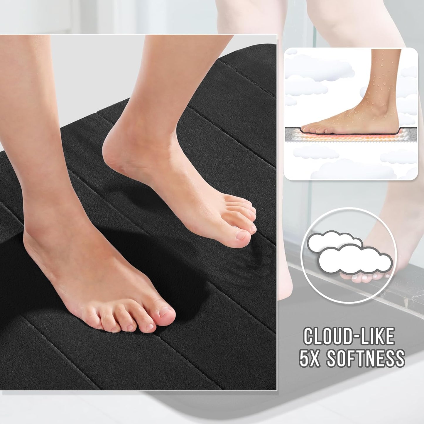 Yimobra Memory Foam Bath Mat, Super Soft Absorbent Bathroom Rug Non Slip 31.5x20 Inch, Quick Dry, Machine Washable Floor Carpet for Tub Shower, Home Decor Accessories, Black