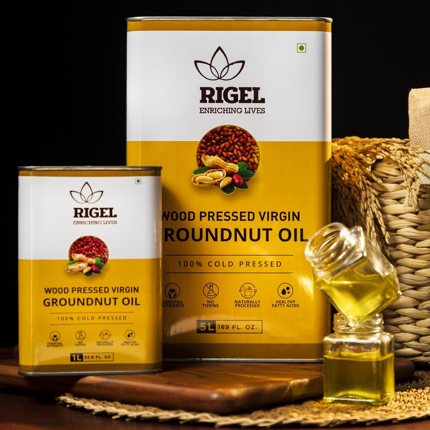 Rigel Spices | Naturally Milled Cold Pressed Peanut Oil in a Eco-Friendly Tin 33.8 fl oz(1L Tin) | No Preservatives