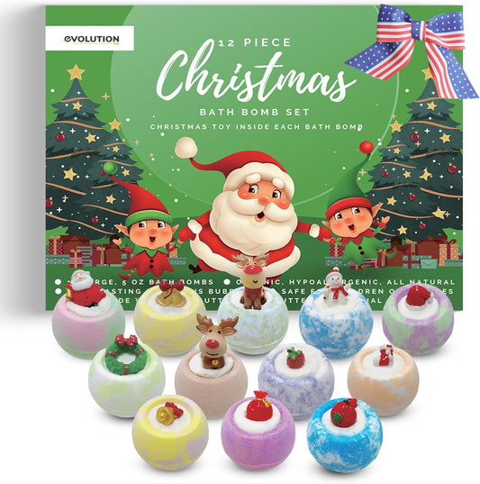EvolutionUSA - Christmas Bath Bombs for Kids, Holiday Bath Bombs with Surprise Inside, Perfect Christmas Stocking Stuffers or Festive Holiday Bathombs Set, Natural & Hypoallergenic Bath Ball Set