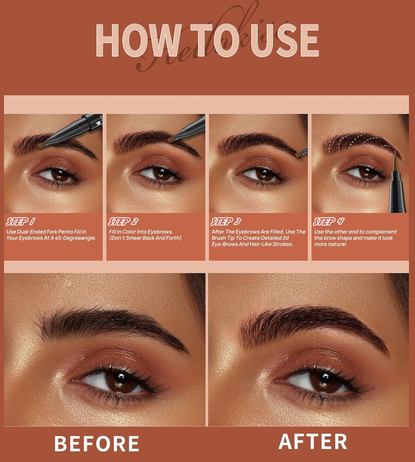 4-Fork Tip Microblading Eyebrow Pen - 2-in-1 Waterproof Eyebrow Pencil, Long-Lasting Natural Hair-Like Brows, Smudge-Proof & Easy to Use (01#Light Brown)