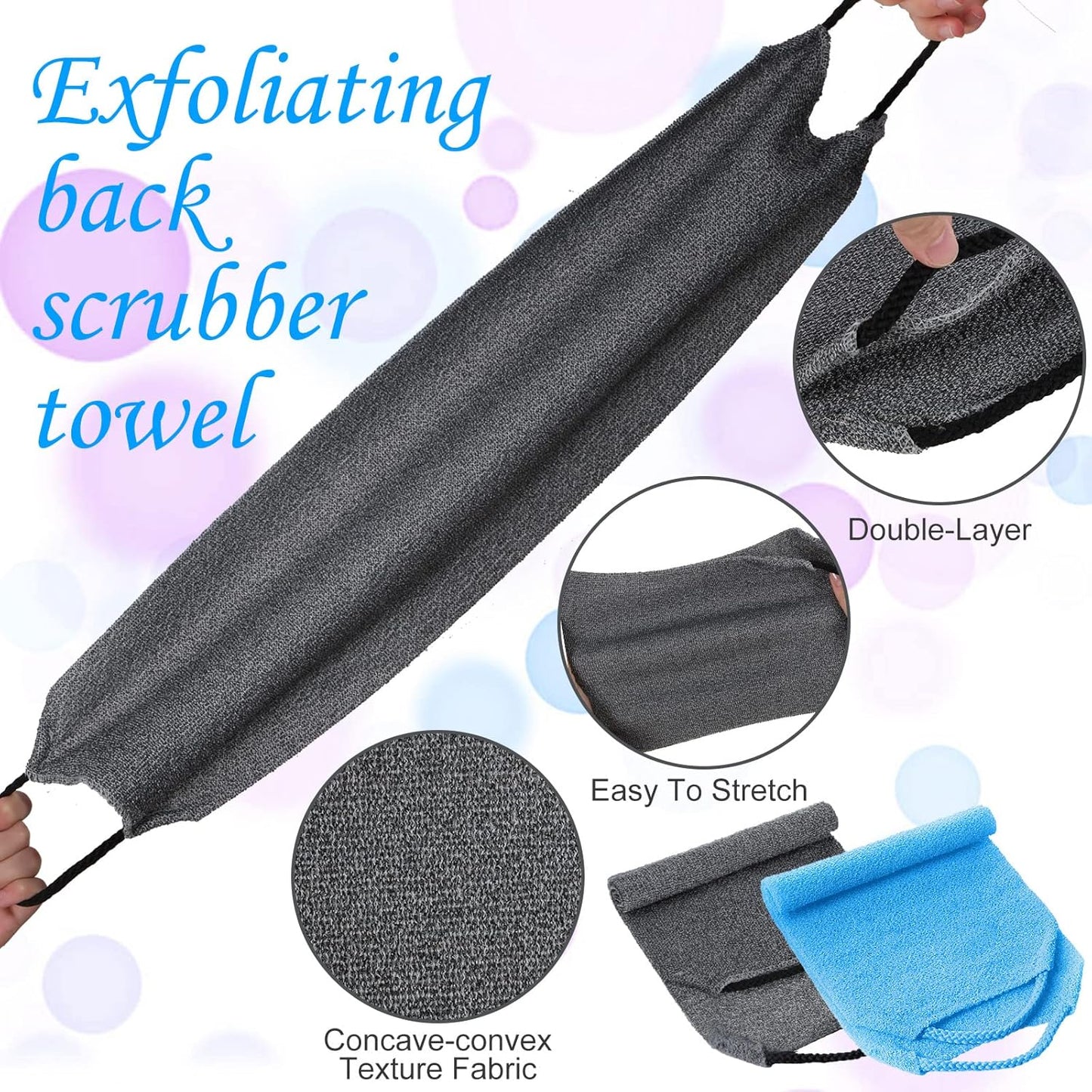Moukeren Exfoliating Back Scrubber with Handles 4 Pack Nylon Back Exfoliator Extended Length Washers Scrubbers Stretchable Pull Strap Exfoliating Washcloth(Gray, Deep Blue)
