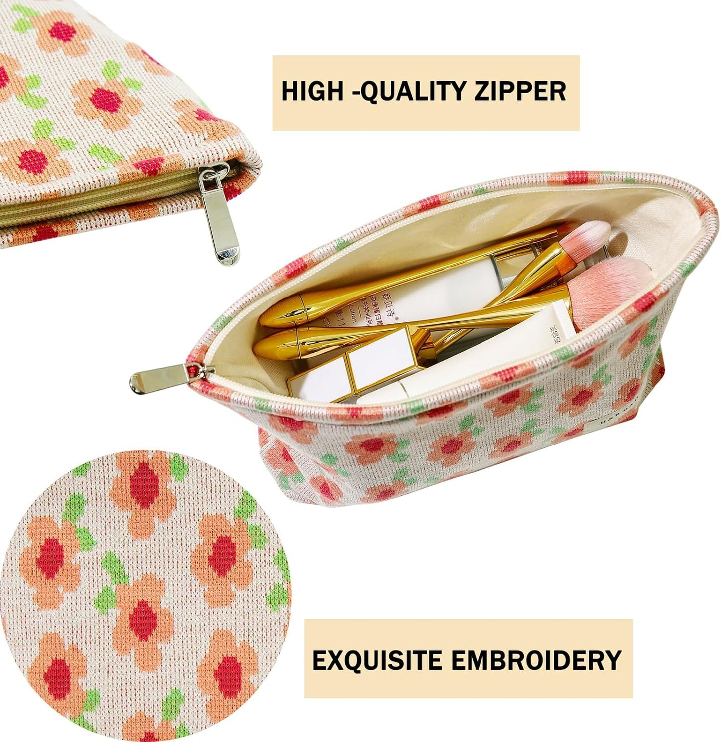 2 Pcs Makeup Bags, Large Cosmetic Bag Travel Toiletry Bag Organizer for Women, Embroidery Craft, Floral Makeup Bag Small Cosmetic Pouch Purse with Zipper Gifts for Girls Teen