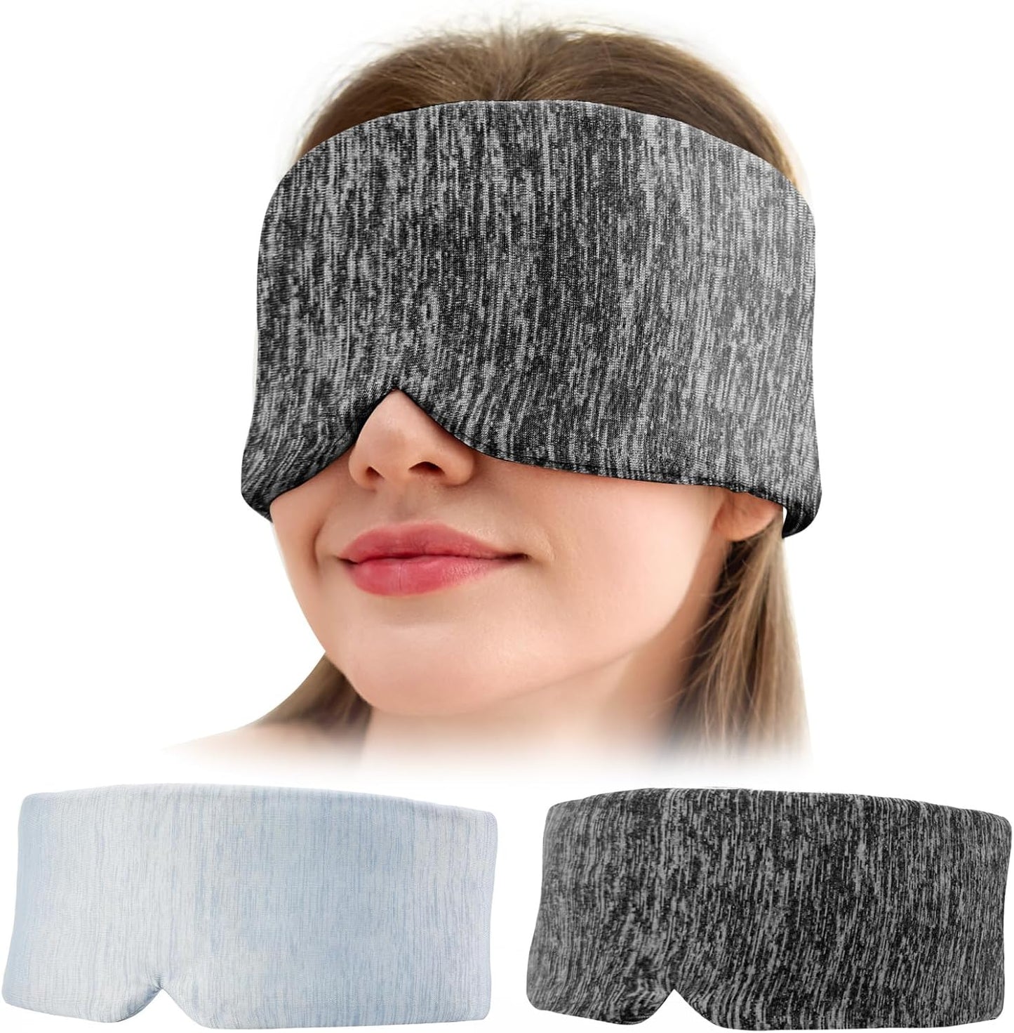 2 Pack Sleep Masks, Cooling Fabric Soothing Sleeping Mask for Side Sleeper, Large Size Adjustable Velcro Cool Eye Masks, No Gel, No Eye Cups, No Pressure (Light Blue & Black Gray)