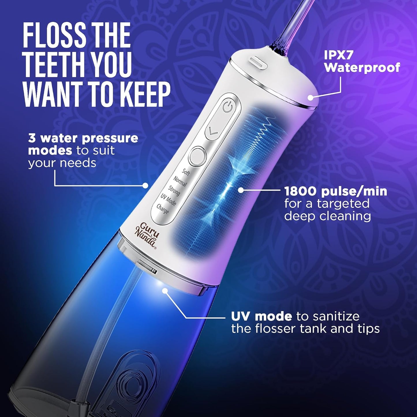 GuruNanda Gums of Steel Kit – Advanced Dental Water Flosser (UV Mode), Concentrated Mouthwash, Cocomint Pulling Oil, Butter on Gums Toothbrush & Tongue Scraper for Overall Oral Hygiene