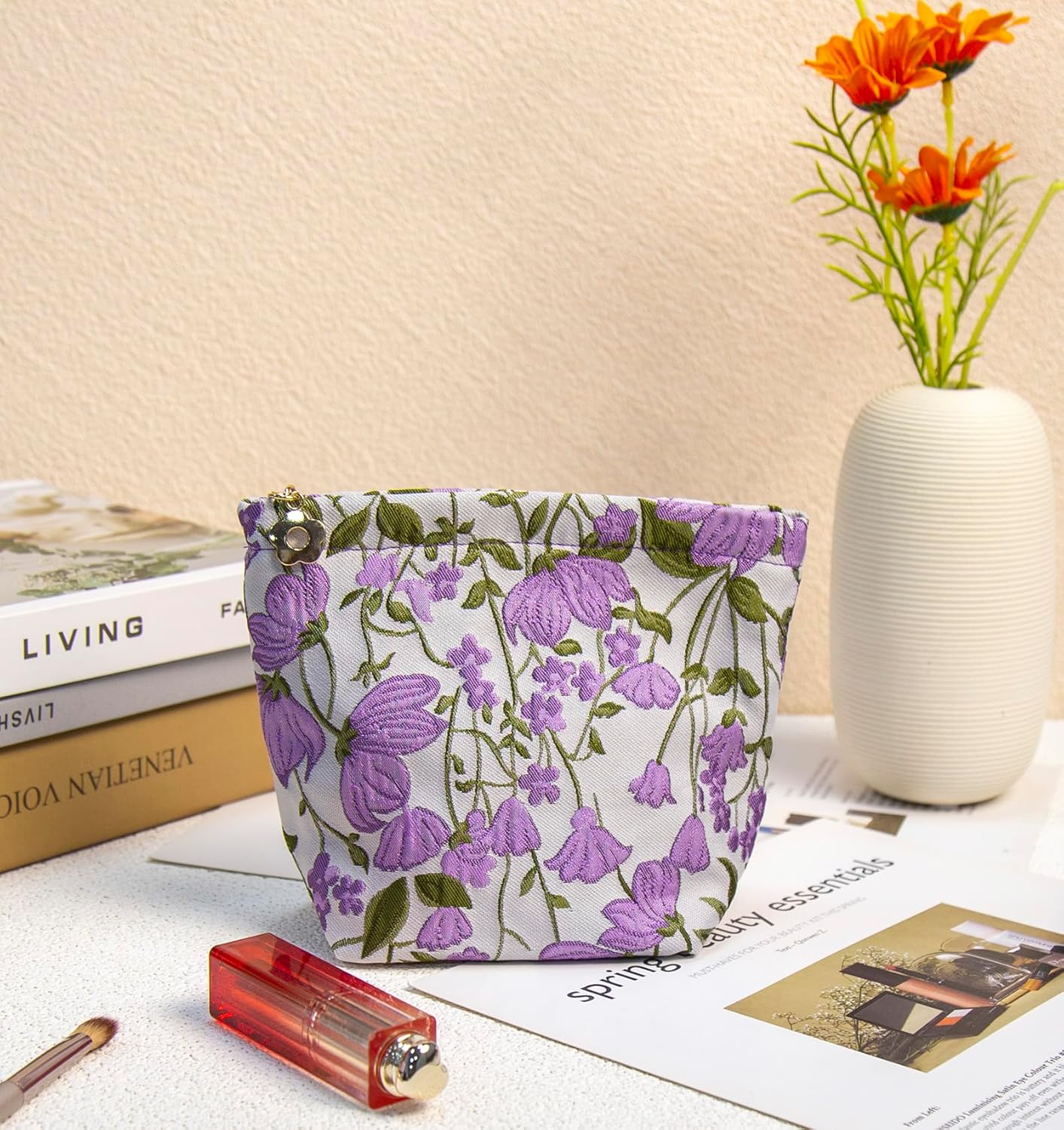 2 Pcs Makeup Bags, Large Cosmetic Bag Travel Toiletry Bag Organizer for Women, Embroidery Craft, Floral Makeup Bag Small Cosmetic Pouch Purse with Zipper Gifts for Girls Teen