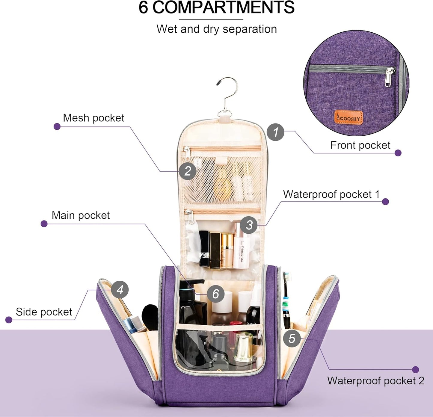 Hanging Travel Toiletry Bag for Women and Men, 6 Organizer Compartments, Extra Large Toiletries Bag, Bathroom Cosmetic Bag, Water-resistant Makeup Bag, Holds Full-Size Shampoo, Purple