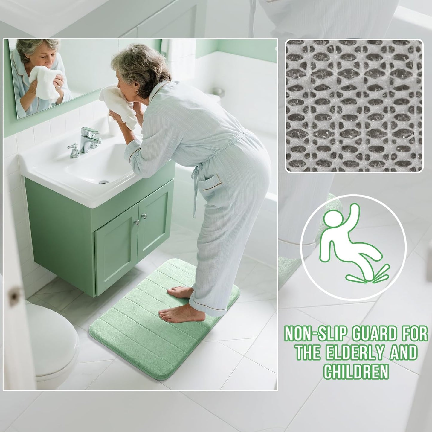 Yimobra Memory Foam Bath Mat, Super Soft Absorbent Bathroom Rug Non Slip 31.5x20 Inch, Quick Dry, Machine Washable Floor Carpet for Tub Shower, Home Decor Accessories, Pale Green