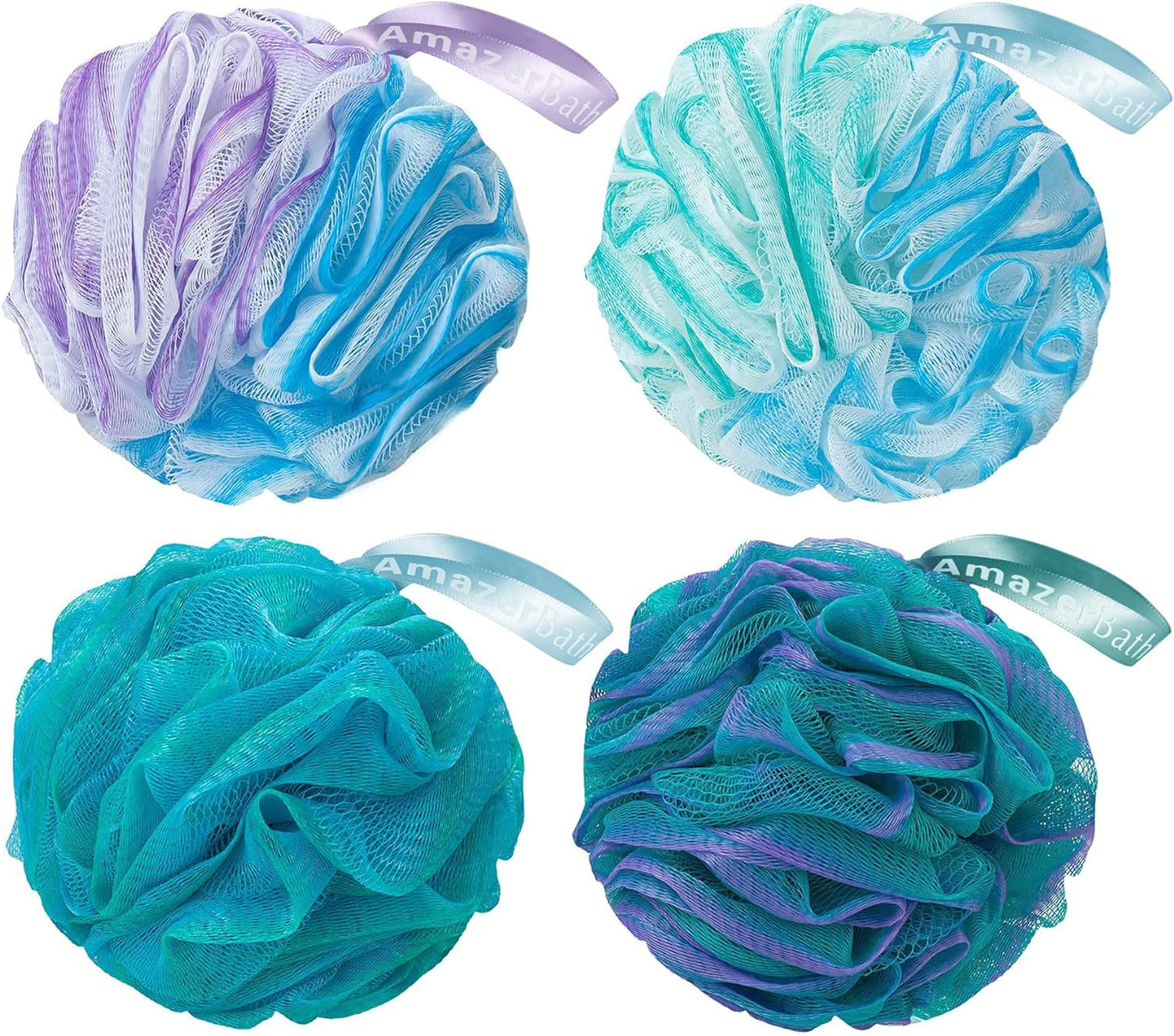 AmazerBath Loofah Sponge 60g/Piece, Exfoliating Bath Sponge Body Scrubber - Loofa Set of 4 Flower Color (Green-Purple)