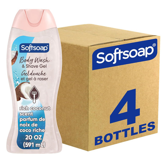 Softsoap Moisturizing Body Wash and Shave Gel, Rich Coconut Scent, 20 fl oz Bottle (Pack of 4)